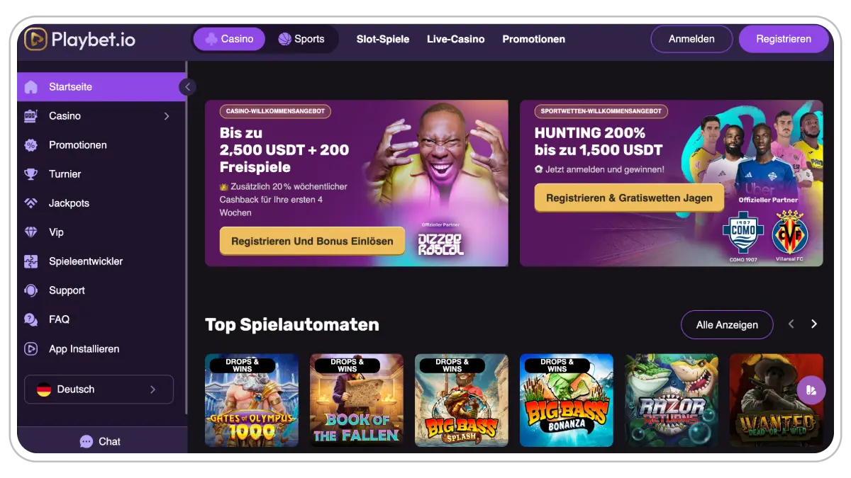 Playbetio Casino - Interface Hauptbildschirm